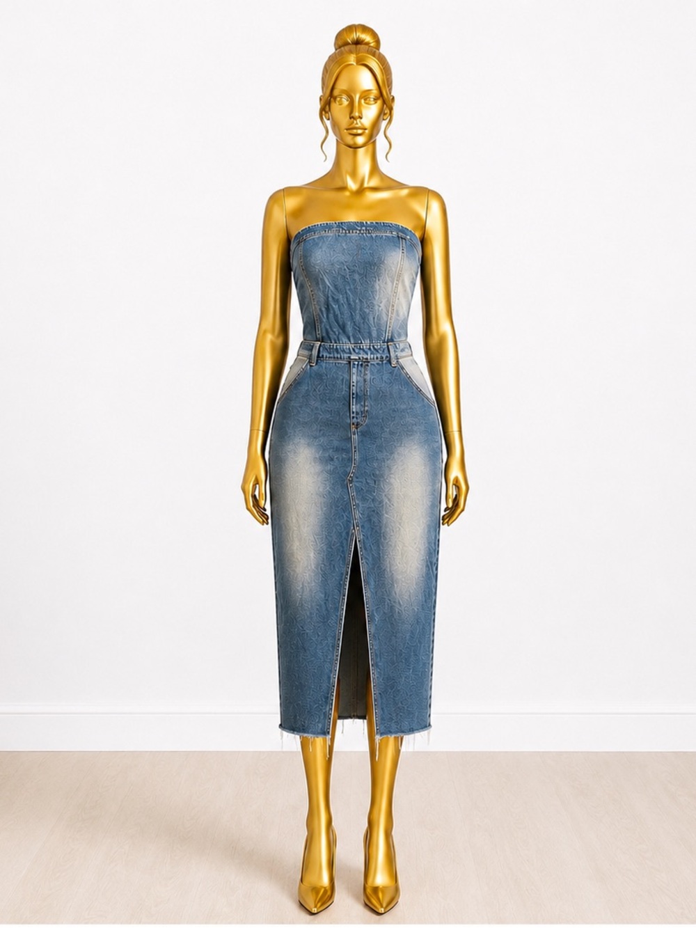 Fashion Nova Strapless Light Wash Denim Midi Dress Front Slit Size Medium - Picture 2 of 2